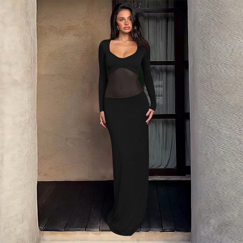Damen Figurbetontes Maxikleid mit transparenten Mesh-Einsätzen und tailliertem Stretchrock EB