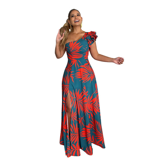 Damen Maxikleid mit asymmetrischen Rüschen und hohem Schlitz EB