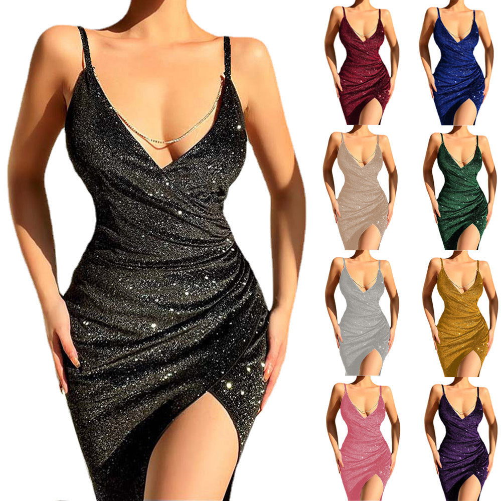 Damen Glitzerndes Wickelkleid mit tiefem V-Ausschnitt und seitlichem Schlitz EB