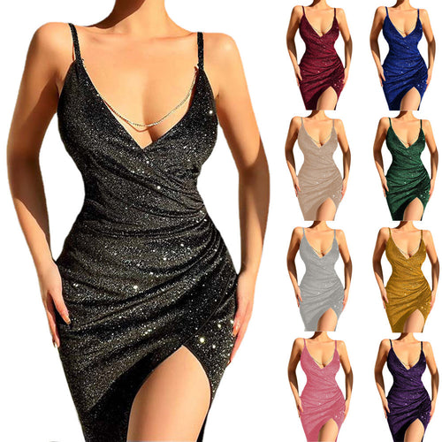 Damen Glitzerndes Wickelkleid mit tiefem V-Ausschnitt und seitlichem Schlitz EB
