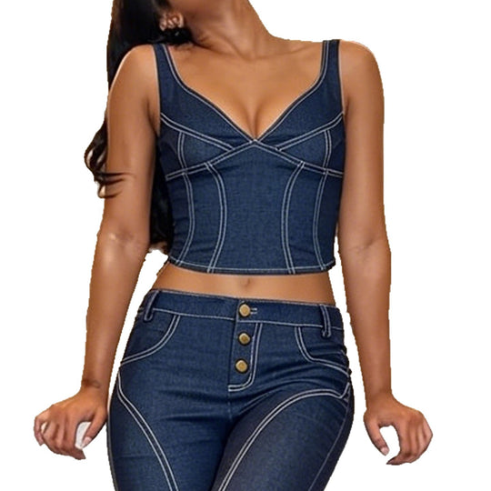 Damen Denim Crop-Top mit modischem Schnitt und verstellbaren Trägern EB