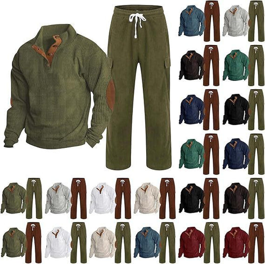 Herren nan Strick-Freizeitset mit Knopfleiste und Ellenbogenaufnähern sowie Cord-Cargohose EB