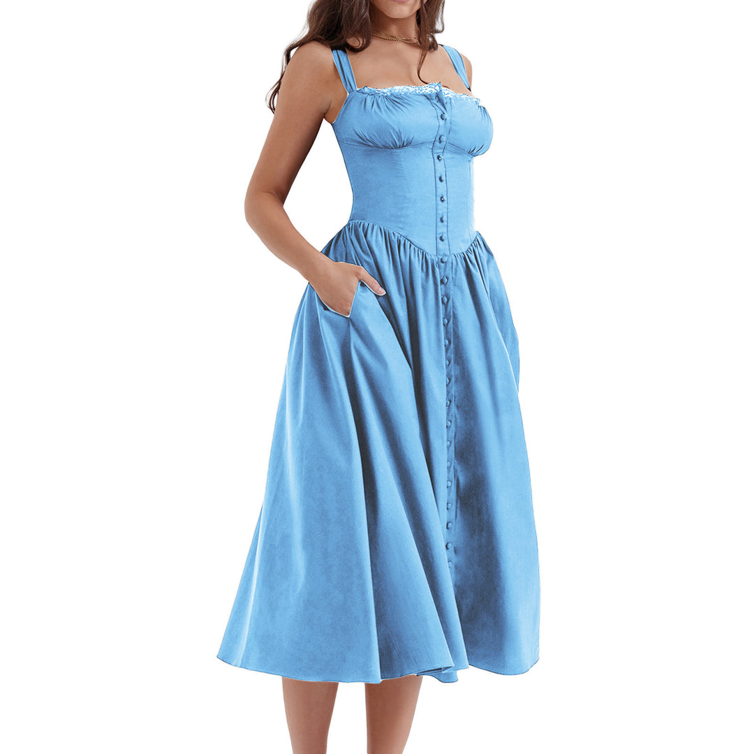 Damen Maxi-Kleid mit knöpfbarem Oberteil und schwingendem Rock EB