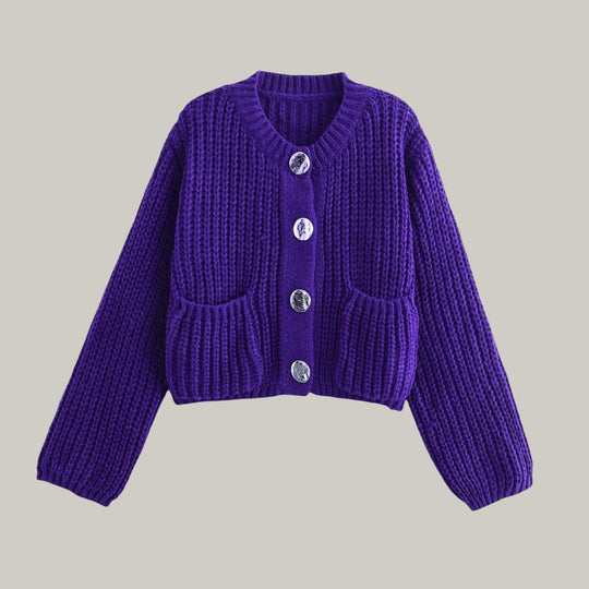 Damen Modische Strickjacke mit großen Knöpfen und praktischen Taschen EB