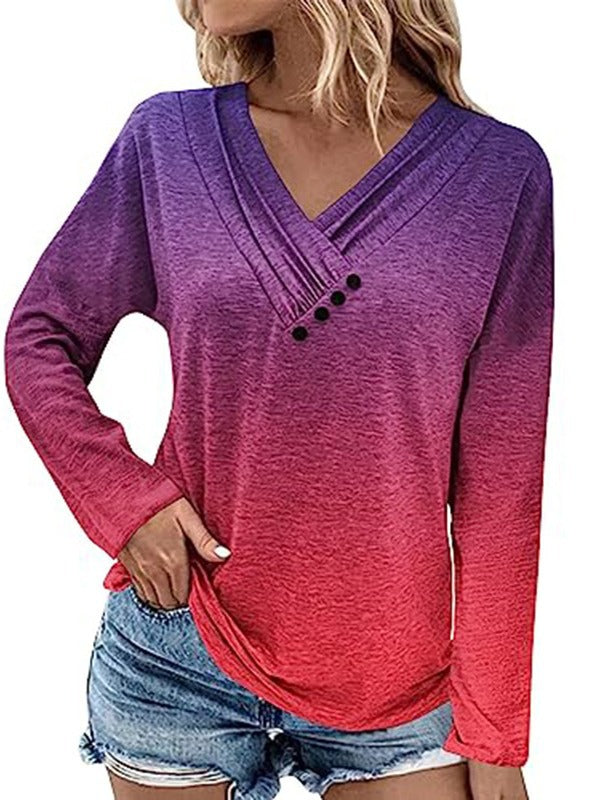 Damen Gerippter V-Ausschnitt Pullover mit Farbverlauf, Zierknöpfen und legerer Passform EB