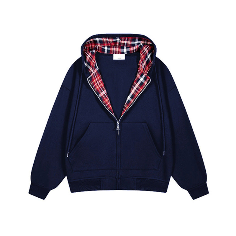 Damen lässige Kapuzenjacke mit Karo-Innenfutter und durchgehendem Reißverschluss EB