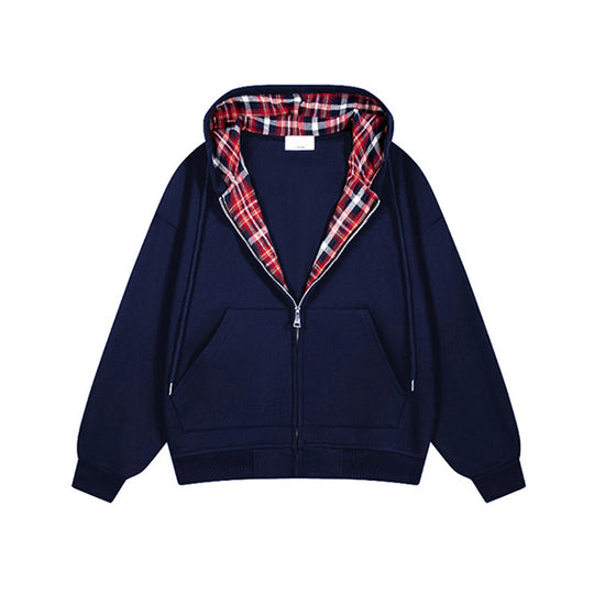 Damen lässige Kapuzenjacke mit Karo-Innenfutter und durchgehendem Reißverschluss EB