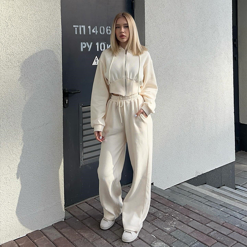 Damen kurzes Reißverschluss-Cropped-Hoodie mit hoher Bund Palazzo-Jogginghose Set EB