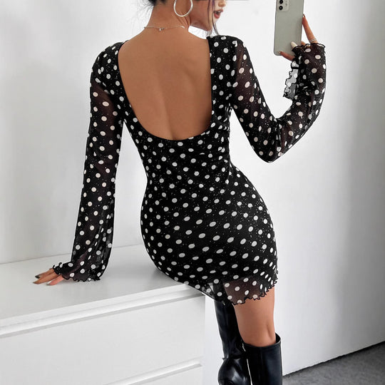 Damen Polka-Dots Minikleid mit langen Ärmeln EB
