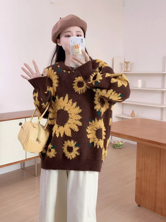 Damen Grobstrickpullover mit floralen Applikationen EB