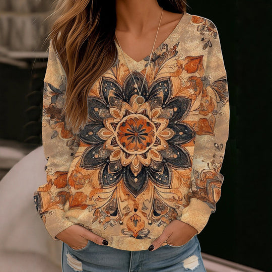 Damen Boho-Mandala V-Ausschnitt Oversize Sweatshirt mit weichem Sweatstoff EB