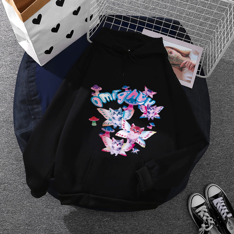 Damen nan Kapuzenpullover mit verspieltem Katzen‑Schmetterlings-Print und Kängurutasche EB