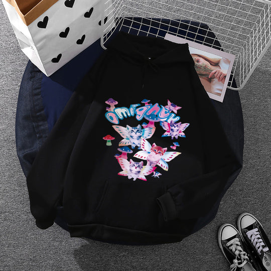 Damen nan Kapuzenpullover mit verspieltem Katzen‑Schmetterlings-Print und Kängurutasche EB