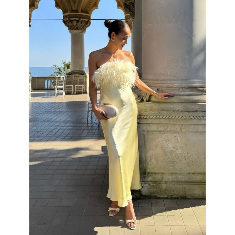 Damen Satin Abendkleid mit Federn EB