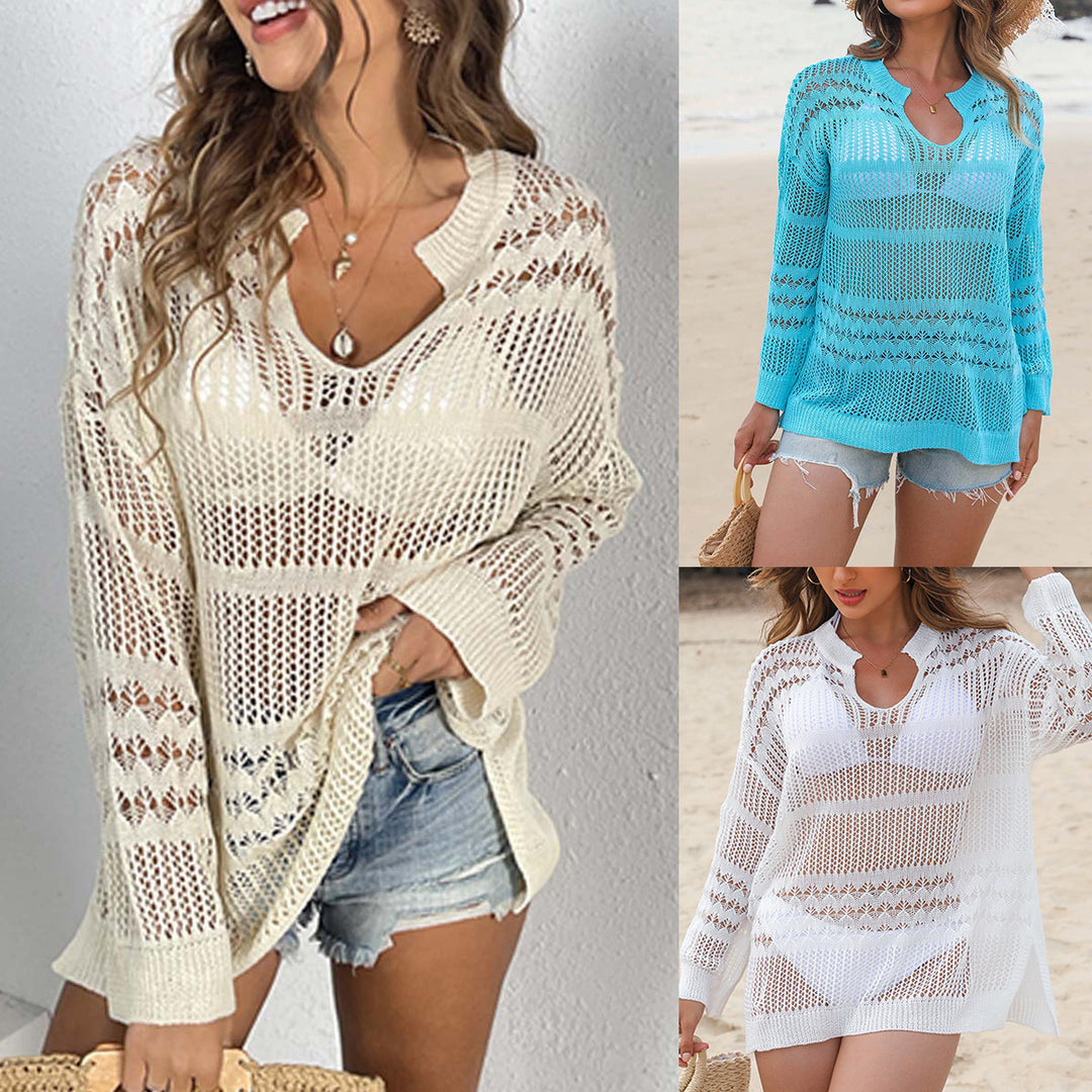 Damen moderner Strickpullover mit transparentem Design EB
