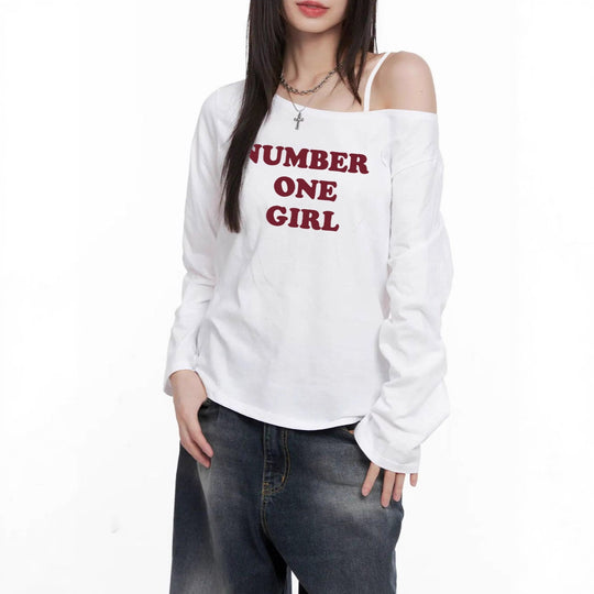 Damen nan asymmetrisches Off-Shoulder Longsleeve mit Statement-Print und lockerem Oversize-Schnitt EB
