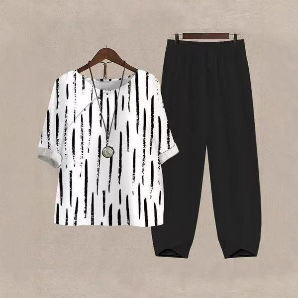 Damen nan weites Shirt mit Pinselstrichmuster, überschnittener Schulter und elastischer Komforthose mit Gummizug EB