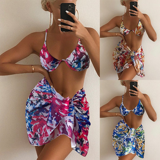 Damen Bikini-Set mit verstellbaren Trägern und floralem Wickelrock EB