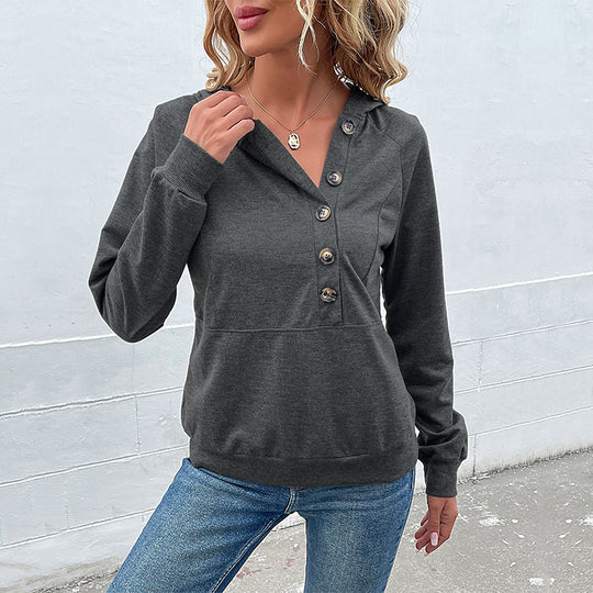 Damen lässiger Kapuzenpullover mit Knopfleiste und Raglanärmeln EB