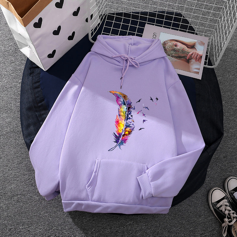 Damen nan Kapuzenpullover mit künstlerischem Aquarell‑Federmotiv, Oversize‑Schnitt und Kängurutasche EB