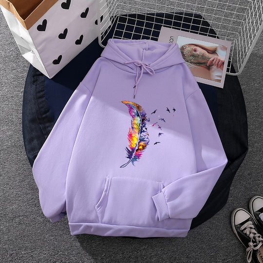 Damen nan Kapuzenpullover mit künstlerischem Aquarell‑Federmotiv, Oversize‑Schnitt und Kängurutasche EB