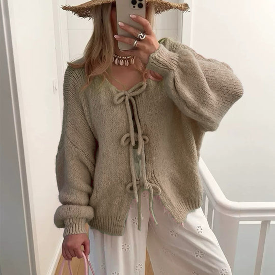 Damen Grobgestrickter Offener Cardigan mit Bindebändern, Oversize‑Silhouette und Raglanärmeln EB
