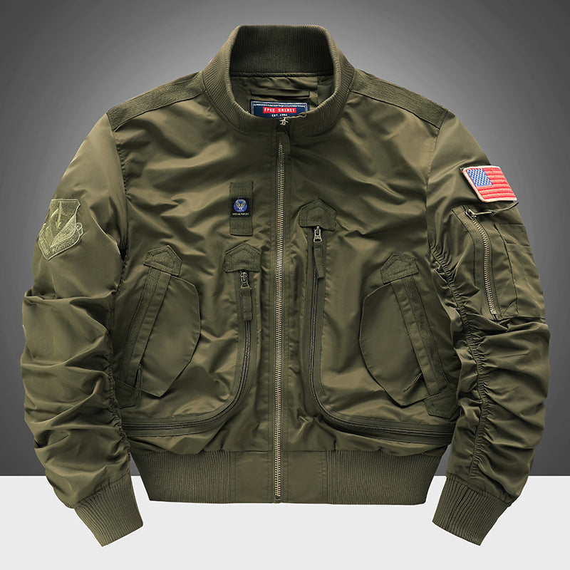 Men's  pilot-style cropped utility flight bomber with multi-zip pockets and ribbed collar EB