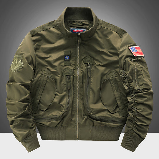 Men's  pilot-style cropped utility flight bomber with multi-zip pockets and ribbed collar EB