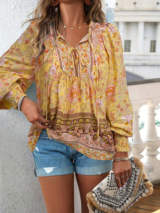 Damen Boho-Bluse mit Schleifenverzierung und floralen Mustern EB