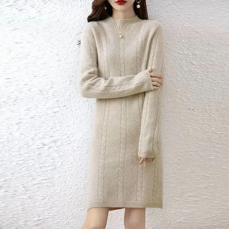 Damen Strickkleid mit elegantem Zopfdesign und hohem Kragen EB