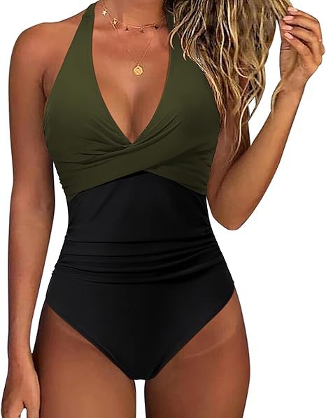 Damen Hochtaillierter Badeanzug mit tiefem V-Ausschnitt und floralem Design EB