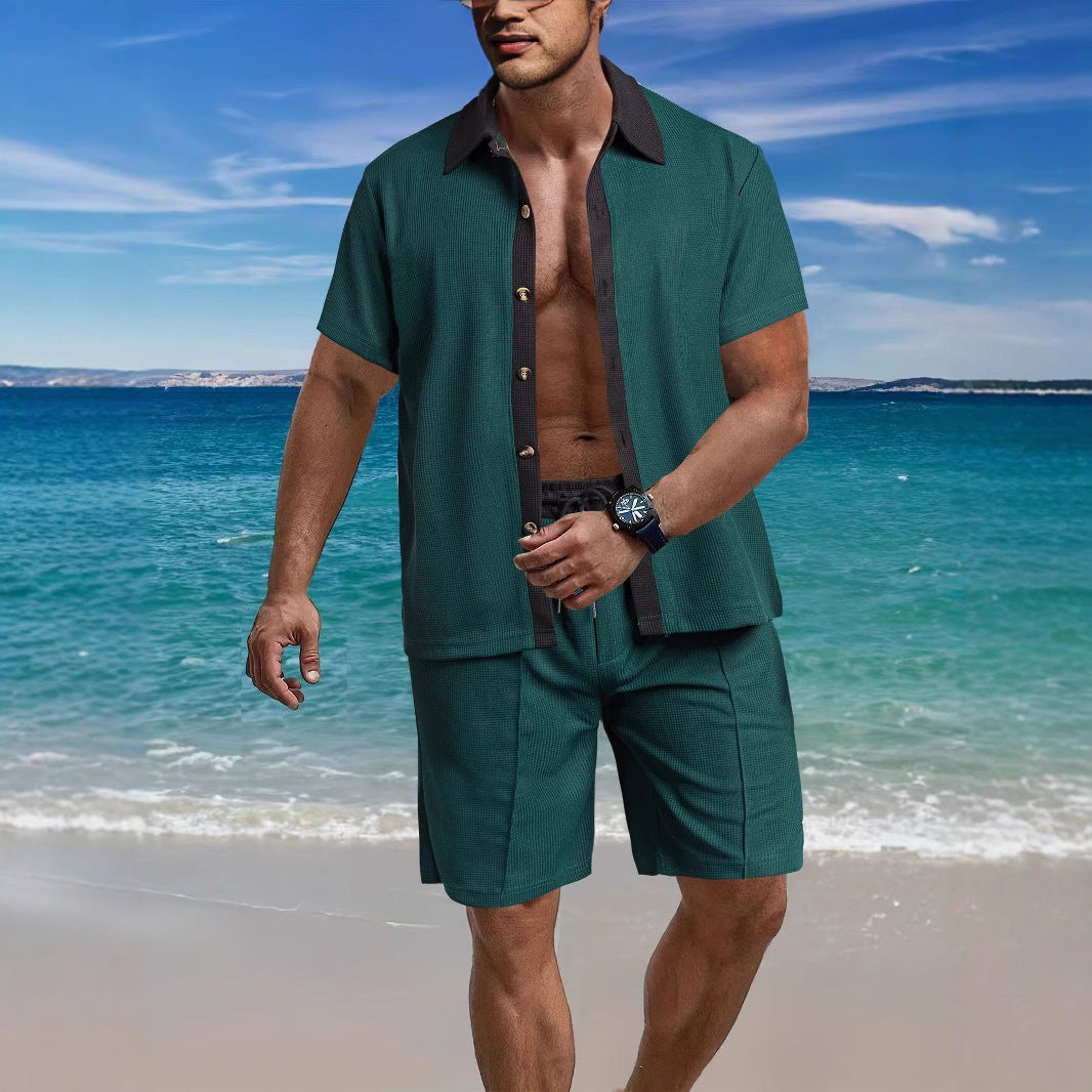 Herren nan modernes Freizeit-Set aus feinem Strukturjersey mit Hemdkragen-Knopfleiste und Kordel-Shorts EB