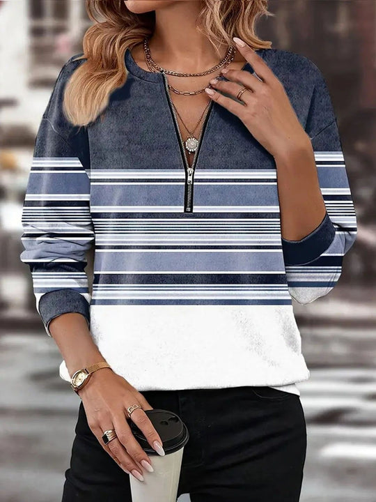 Damen nan Casual Sweatshirt mit kurzem V-Reißverschluss, grafischem Blockmuster und legerer Passform EB