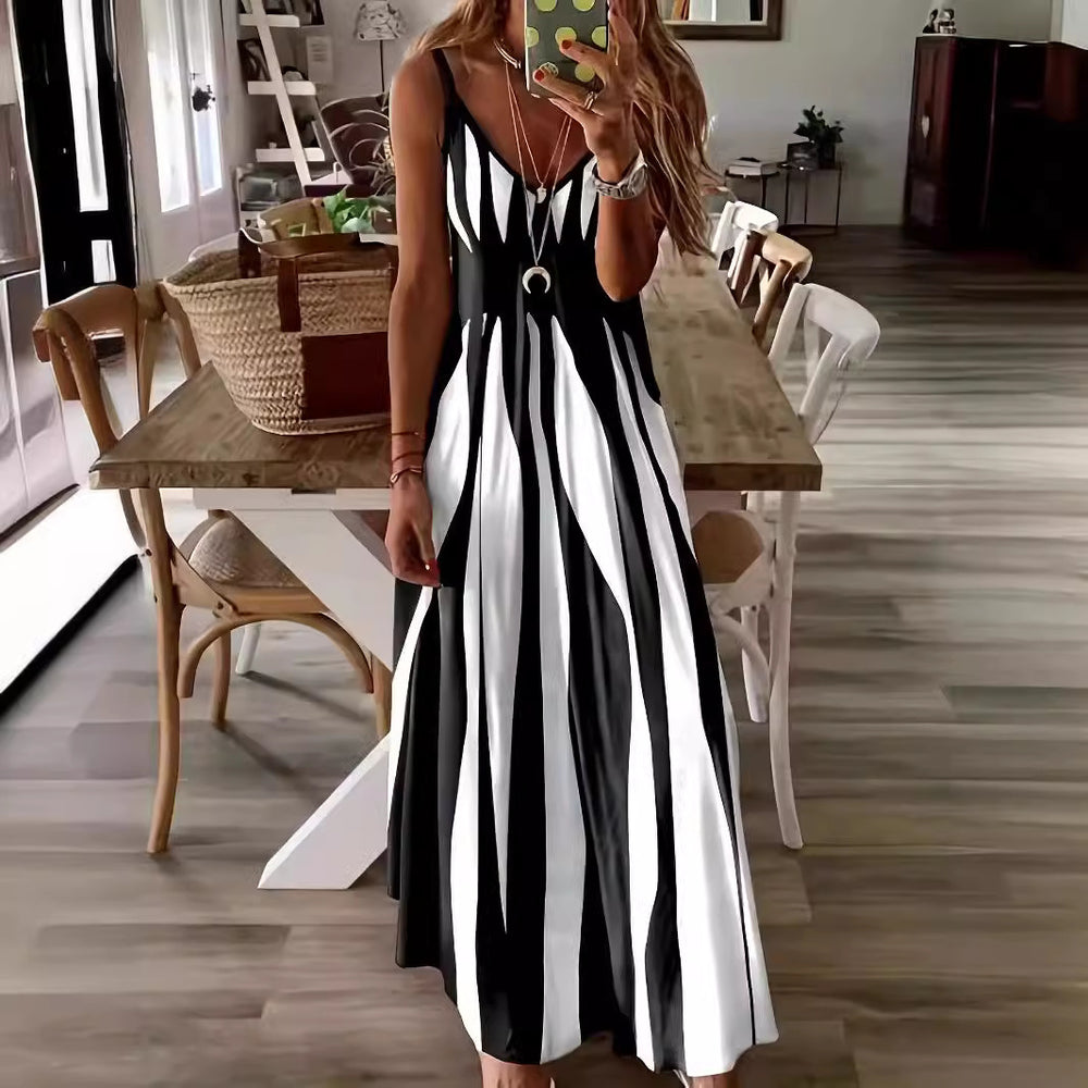 Damen Maxikleid mit raffiniertem Streifenmuster und tiefem V-Ausschnitt Heidi-Mode