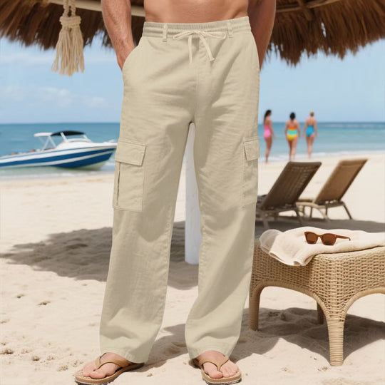 Herren nan lockere Cargo-Strandhose aus Leinenmix mit elastischem Bund und verstellbarem Kordelzug EB