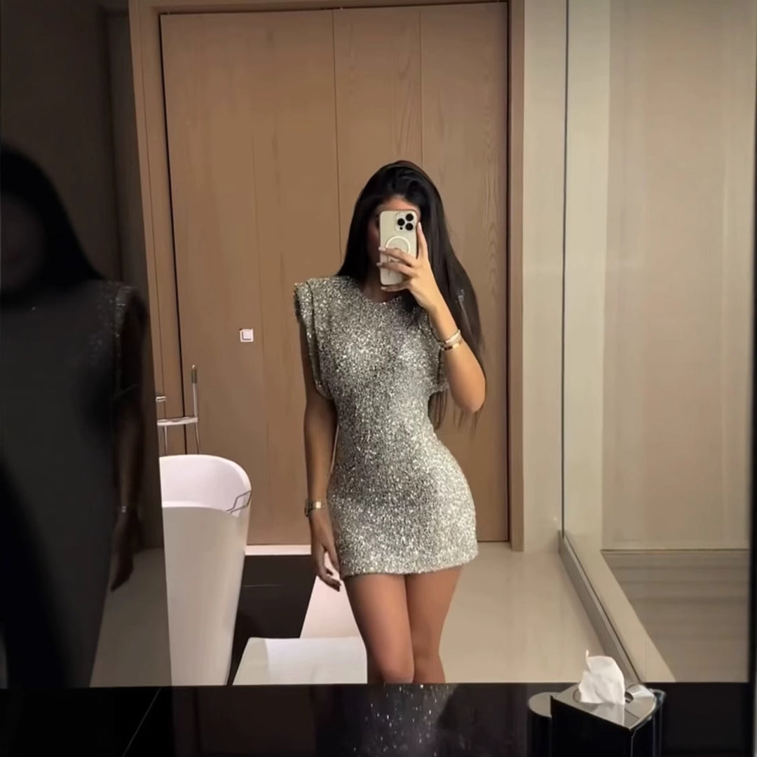Damen Glamouröses Cocktailkleid mit schimmerndem Paillettenbesatz EB