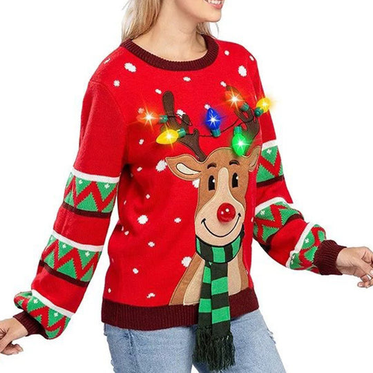 Damen Weihnachtspullover mit leuchtenden Rentier-Motiv EB