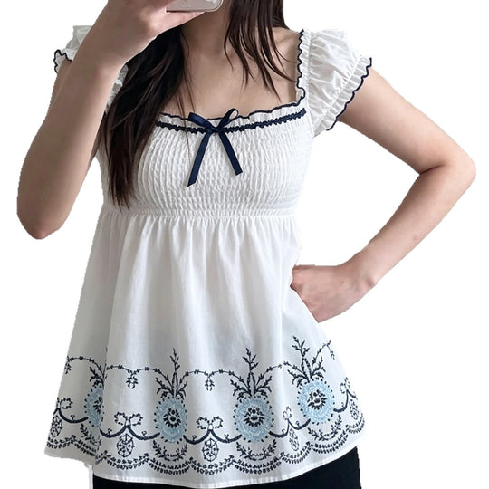 Damen Baumwollbluse mit floralem Stickdesign und schickem Rüschensaum EB