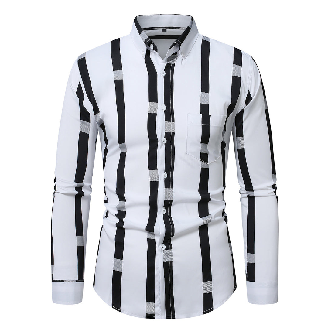 Herren nan tailliertes Langarmhemd mit vertikalem Streifenmuster und Button-Down-Kragen EB