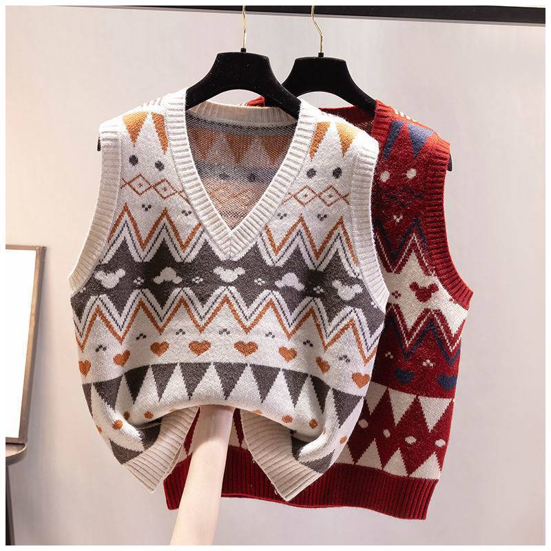 Damen Strickweste mit V-Ausschnitt und geometrischem Muster EB