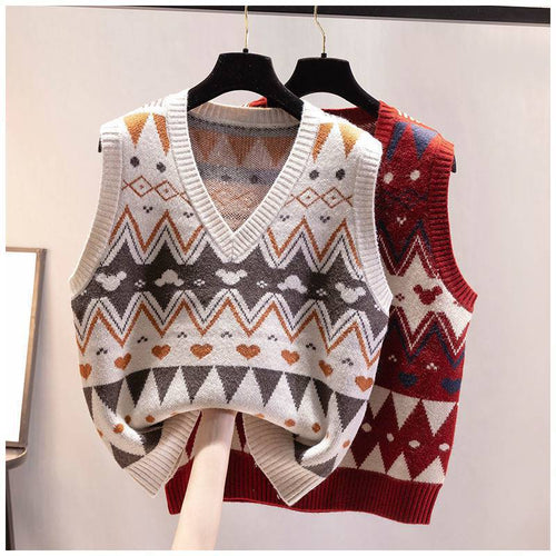 Damen Strickweste mit V-Ausschnitt und geometrischem Muster EB
