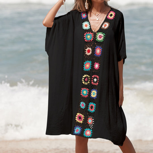 Damen Häkel-Strandtunika im lässigen Oversize-Stil mit bunten Applikationen EB