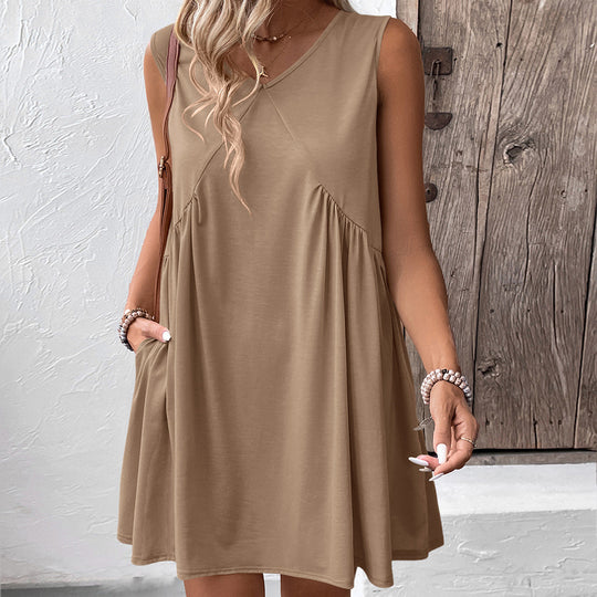 Damen luftiges V-Ausschnitt Kleid mit seitlichen Taschen und fließendem Schnitt EB