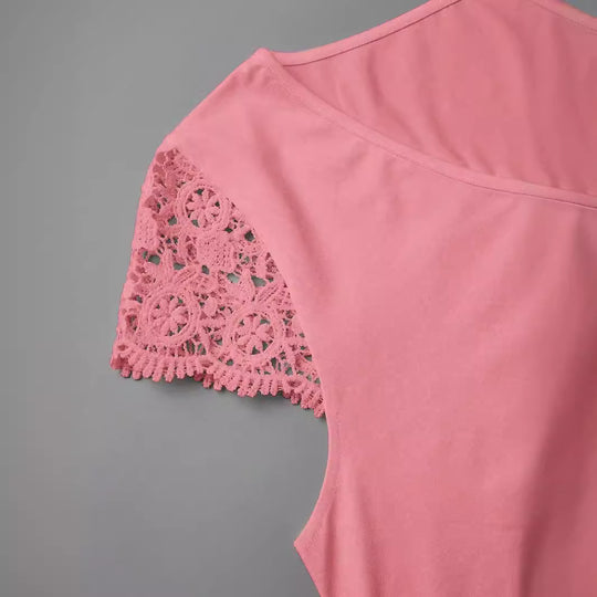 Damen V-Ausschnitt T-Shirt mit Spitzenärmeln EB