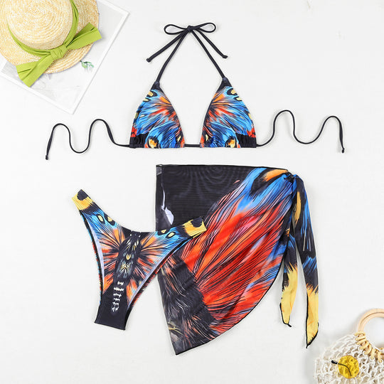Damen Triangel-Bikini-Set mit aufregendem Schmetterlingsdruck und passendem Pareo EB