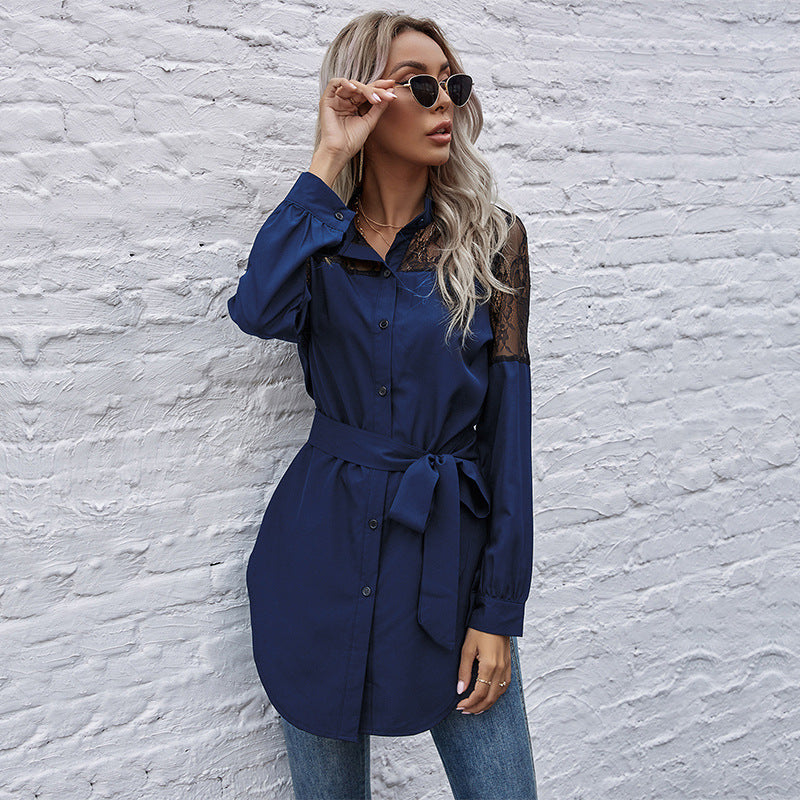 Damen Hemdblusenkleid mit transparenter Spitzenoptik und tailliertem Gürtel EB