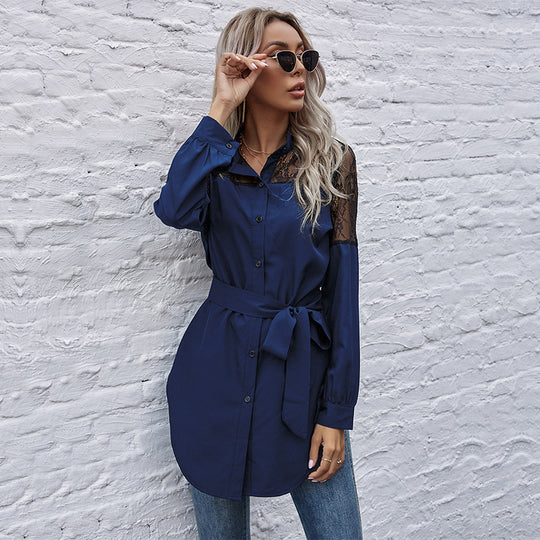 Damen Hemdblusenkleid mit transparenter Spitzenoptik und tailliertem Gürtel EB