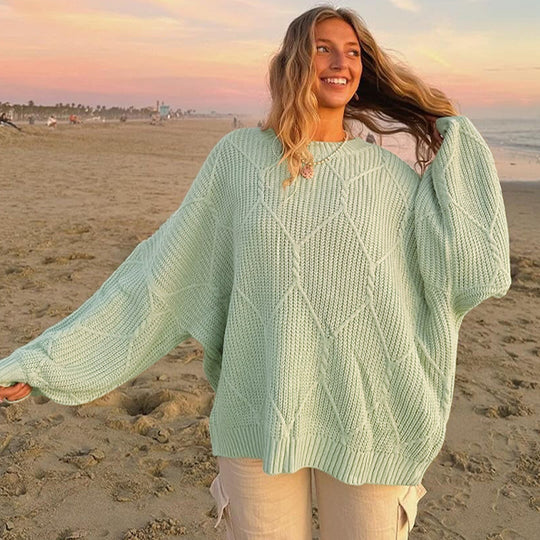 Damen Grobstrickpullover mit asymmetrischem Schnitt und weitem Bund EB