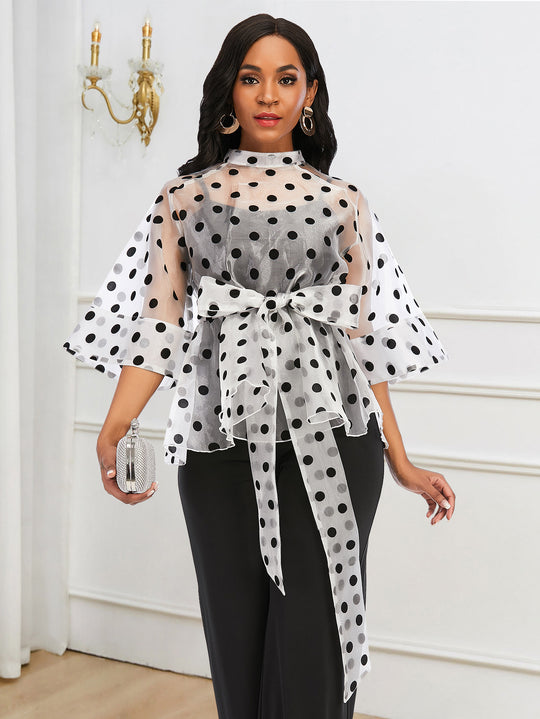 Damen Chiffonbluse mit gepunktetem Design und elegantem Taillengürtel EB