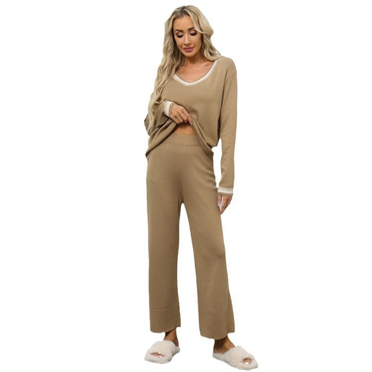 Damen elegantes Strick-Loungewear-Set mit tiefem V-Ausschnitt und breitem Bund EB